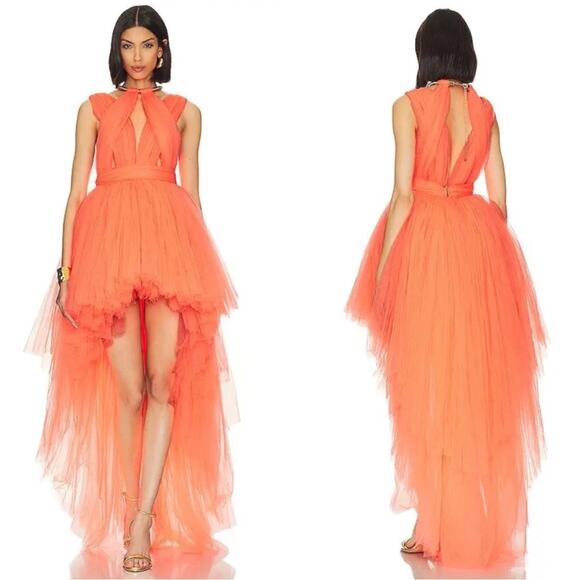 Bronx and Banco Taraji Tiered Ruffle Tulle Sheer Cutout High Low Maxi Gown Sz XS - Picture 2 of 14